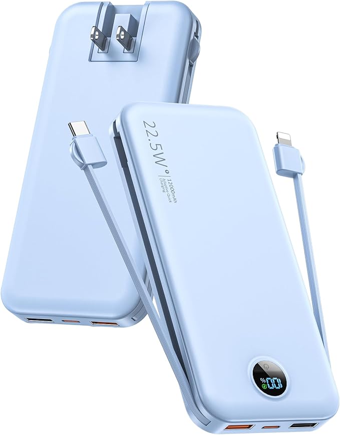 Portable Charger with Built-in Cables and Wall Plug, 12000mAh 22.5W USB C Power Bank Fast Charging with LED Display, External Battery Pack Travel Essentials Compatible with iPhone, iPad, Samsung Blue