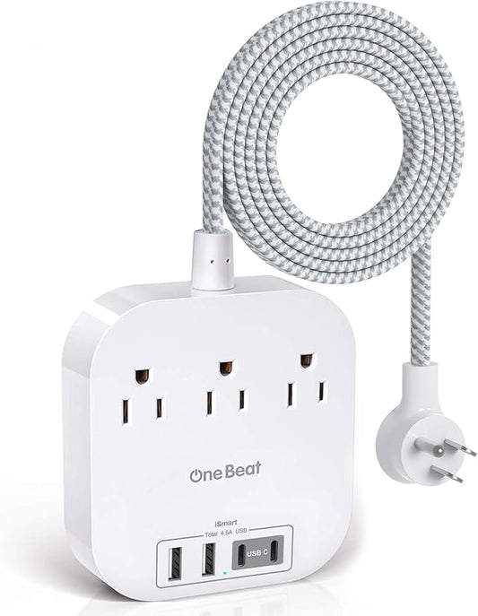 One Beat Power Strip with USB C, 3 Outlets 4 USB Ports (22.5W/4.5A) Desktop Charging Station, Flat Plug, 5ft Braided Extension Cord, Non Surge Protector for Travel, Cruise Ship, ETL Listed