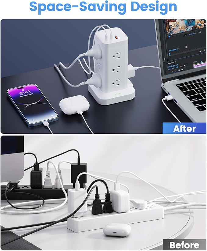 15-in-1 Power Strip Tower with Surge Protector 1800J, Fast Charging Tower PD20W USB-C Ports with 12 AC Outlets, 10ft Extension Cord for Home Office Dorm Room, White
