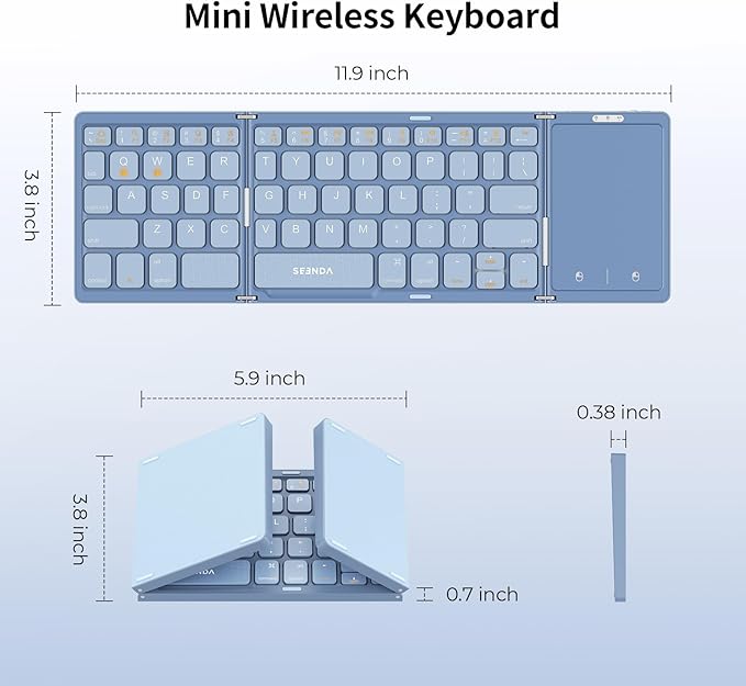 seenda Foldable Bluetooth Keyboard for Travel, Tri-Folding Wireless Rechargeable Multi-Device Portable Keyboard with Touchpad, for Laptop iPad Tablet PC Smartphone Windows iOS Android, Blue