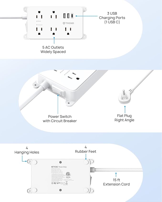 TROND Surge Protector Power Strip 15ft Extension Cord, ETL Listed, 5 Widely Spaced AC Outlets, 2 USB A and 1 USB C, 1300J, Flat Plug Power Strip, Wall Mountable, for Home Office, White