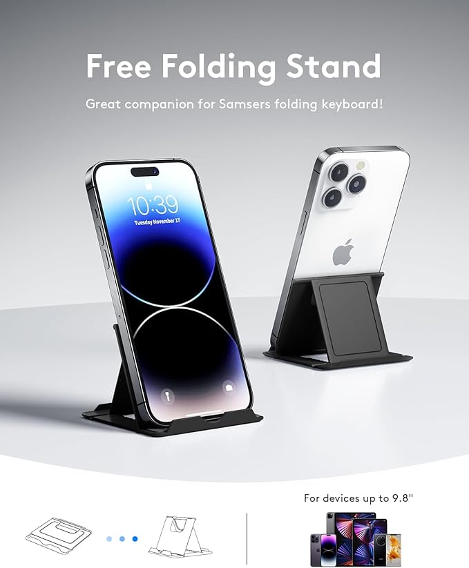 Samsers Bluetooth Foldable Keyboard, Wireless Portable Folding Keyboards, Full-Size Ultra-Slim Rechargeable Connect Up to 3 Devices for iOS Android Windows Phone Tablet and Laptop, Black