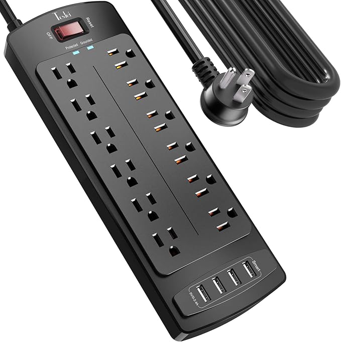 Power Strip, Tcstei Surge Protector with 12 Outlets and 4 USB Ports, 20 Feet Extension Cord (1875W/15A) for Home, Office, Dorm Essentials, 2700 Joules, ETL Listed, Black