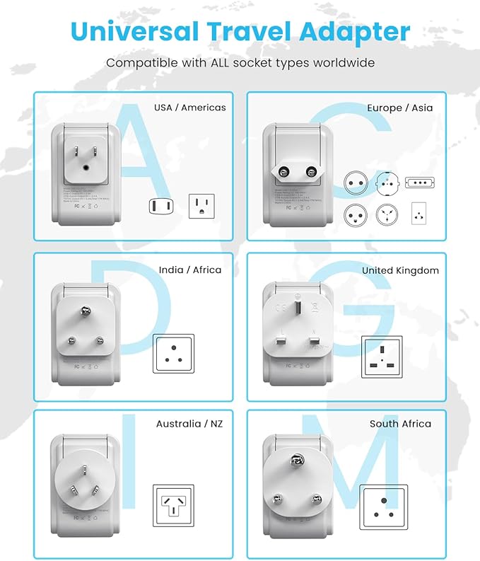 Universal Travel Adapter Kit, VINTAR International Plug Adapter with 3 USB Ports(2 USB C, 3.4A) and 2 American Outlets, Type A,C,G,D,I,M Detachable Attachments, Adapter for US/EU/UK/India/AUS/Africa