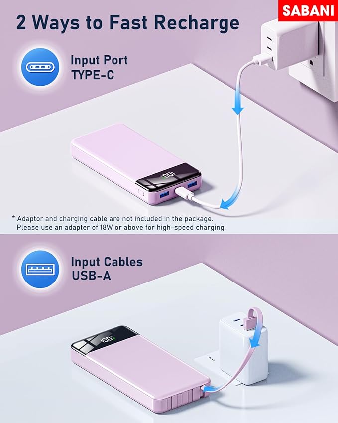 SABANI Portable Charger 35000mAh Power Bank - Portable Battery with 4 Built in Cables, 22.5W Fast Charging Battery Pack Compatible with iPhone 16 15 14 13 Samsung Android Phone etc (1 Pack, Purple)