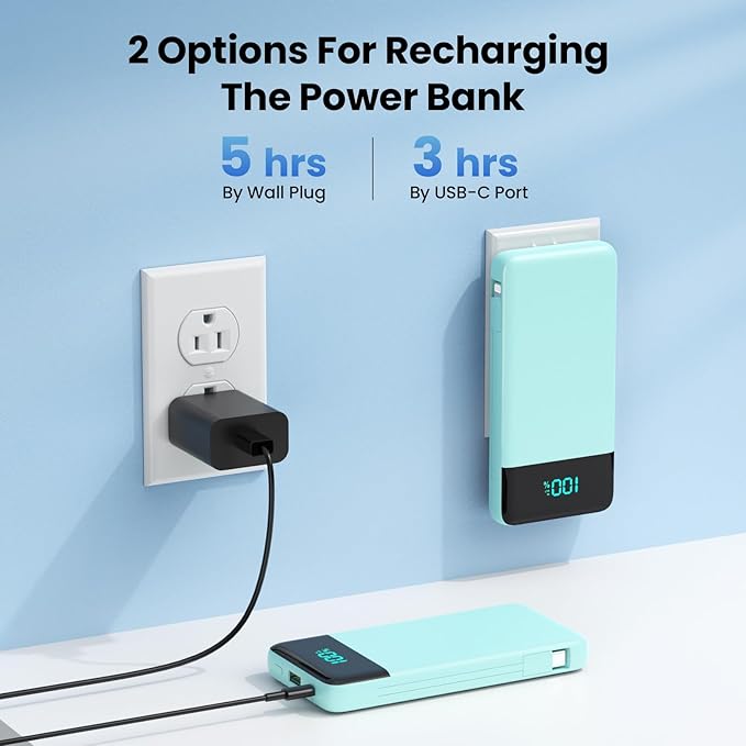 Portable Charger 13800mAh Power Bank with Built-in Cables,LCD Display Fast Charging USB C Battery Pack,4 Outputs Travel Essential Portable Phone Charger for iPhone 16/15/14/13,Samsung,Android (Green)