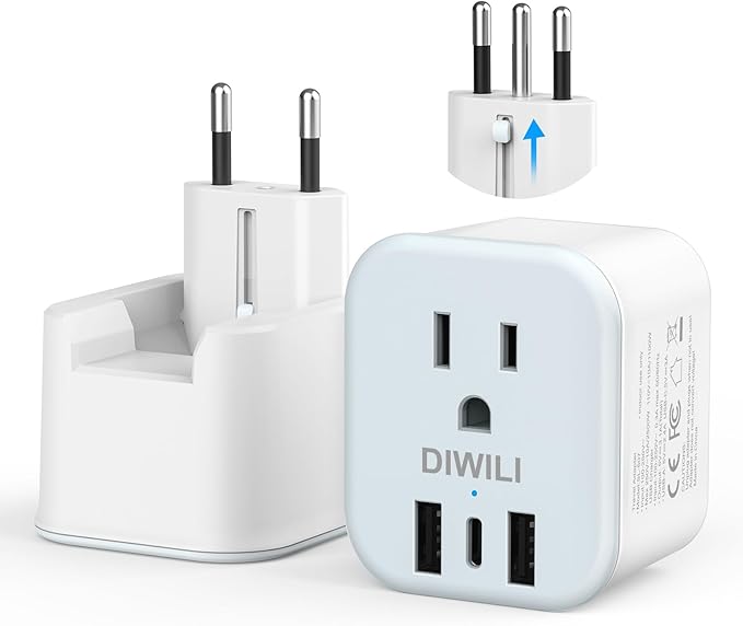 European Travel Plug Adapter, Foldable Power Adapter with 3 USB(1 USB C Port) and 1 AC Outlets, 2 in 1 Type C/L EU Outlet Adapter for US to Most of Europe France Germany Spain Italy(1 Pack)