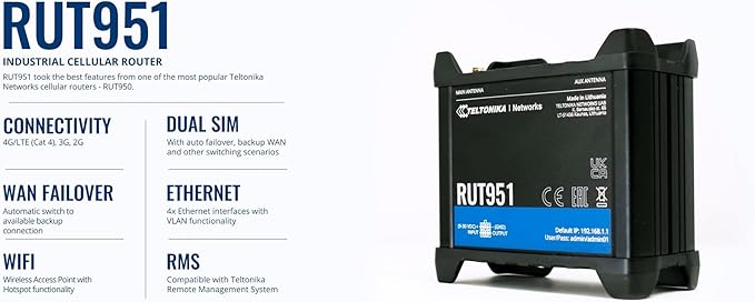 Teltonika RUT951 Industrial 4G LTE Router - Dual SIM Failover, WiFi Hotspot, VPN & RMS Support (RUT951A00800)