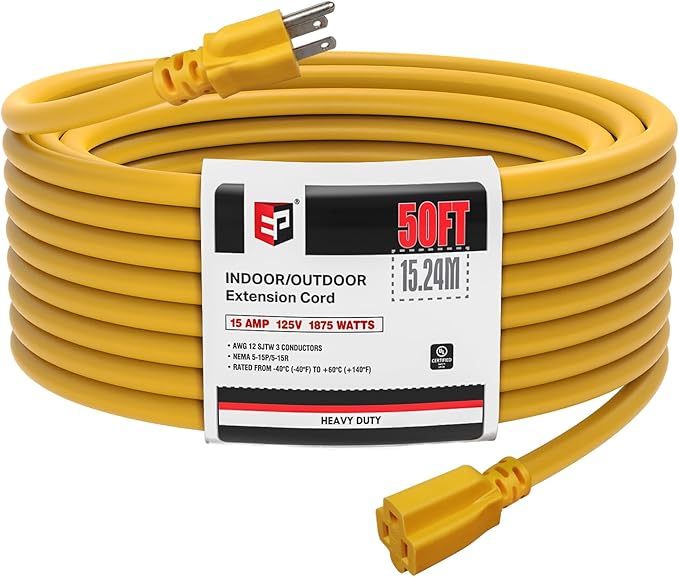 EP 50 Ft Outdoor Extension Cord, 12/3 SJTW Heavy Duty Extension Cable with 3 Prong Grounded Plug, 15 AMP Power Cord for Lawn, Garden, Appliances, Yellow