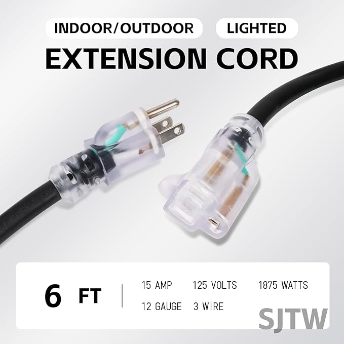 EP 6 Ft Outdoor Extension Cord, 12/3 SJTW Heavy Duty Waterproof Power Cable, 3 Prong Grounded Plug, Lighted End, for Lawn, Garden, Appliances, Black