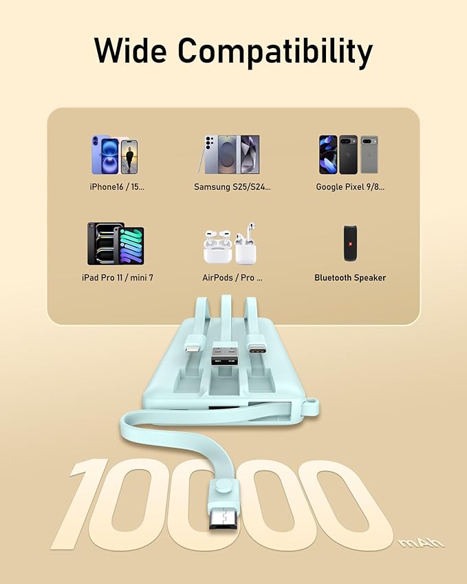 VEEKTOMX Portable Charger Built-in Cables, 10000mAh Power Bank for iPhone, Fast Charge USB C Battery Pack Travel Essentials Powerbank Compatible with iPhone 17/16/15/14, Samsung S25/24, Android, etc