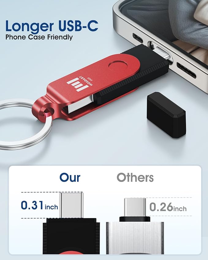MOSDART 64GB USB3.1 Fast Speed C and A Dual Flash Drive, exFAT Memory Stick with Keychain and LED Indicator, for iPhone 15 and 16, Android Phone, iPad, MacBook, and Other Laptops, Red