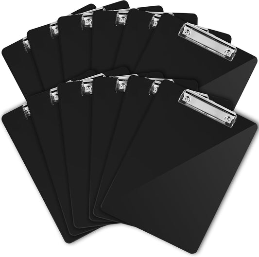 Black Plastic Clipboards (Set of 12) Multipack - 12.5x9 Inch Clipboard Holds 100 Sheets, Low Profile | Colored Acrylic Clip Boards in Bulk for Kids & Professionals