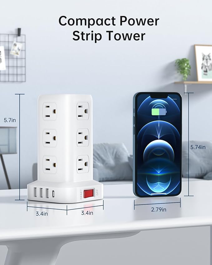 Surge Protector Power Strip 10 FT Cord, Power Strip Tower with 4 USB Ports (1USB C), Extension Cord with 12 AC Multiple Outlets, Home Office Supplies Desk Accessories, Dorm Room Essentials