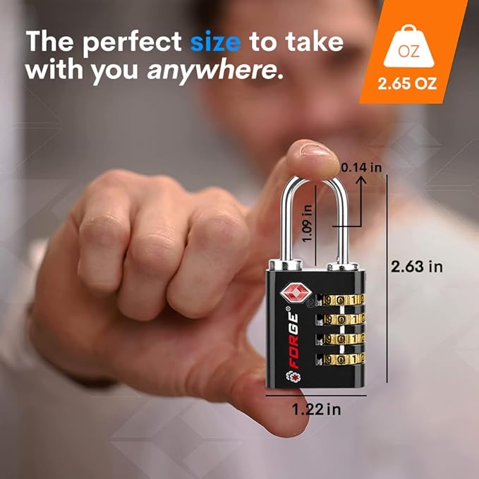 Forge Dual-Opening: Key or Combination Access Lock, Use Key to Recover Code If Forgotten, TSA Approved Locks for Luggage, Pelican case, Travel, Gym, School, Stainless Steel Shackle. (Black 2 Pk)