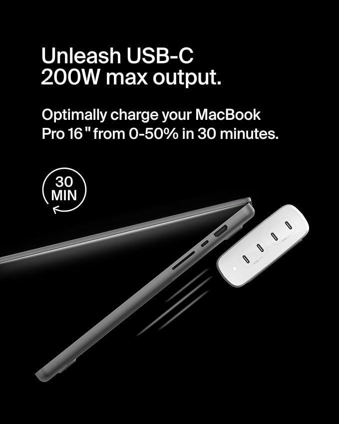 Belkin 4-Port USB C Charger Block 200W - GaN Multi-Port Charger USB-C PD3.1 Fast Charge + 5ft Power Cord - MacBook, iPhone 17, Air, iPad, Samsung Galaxy S25, Google Pixel 10, Nintendo Switch 2 - White