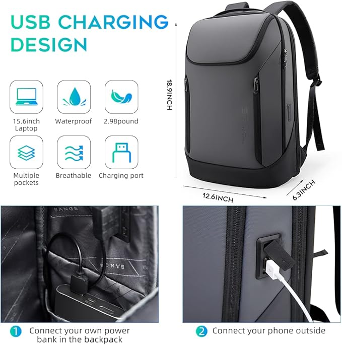 BANGE Business Smart Backpack Waterproof fit 15.6 Inch Laptop Backpack with USB Charging Port,Travel Durable Backpack
