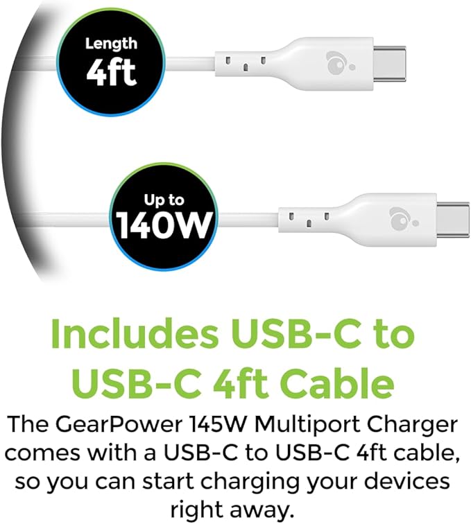 IOGEAR GearPower 145W Multiport Charger, GaN, 4 Port, USB-C Cable, iPhone 16, MacBook Pro/Air, iPad Pro, Google Pixel, Travel Wall Charger, Cable Included, GPAWC145W