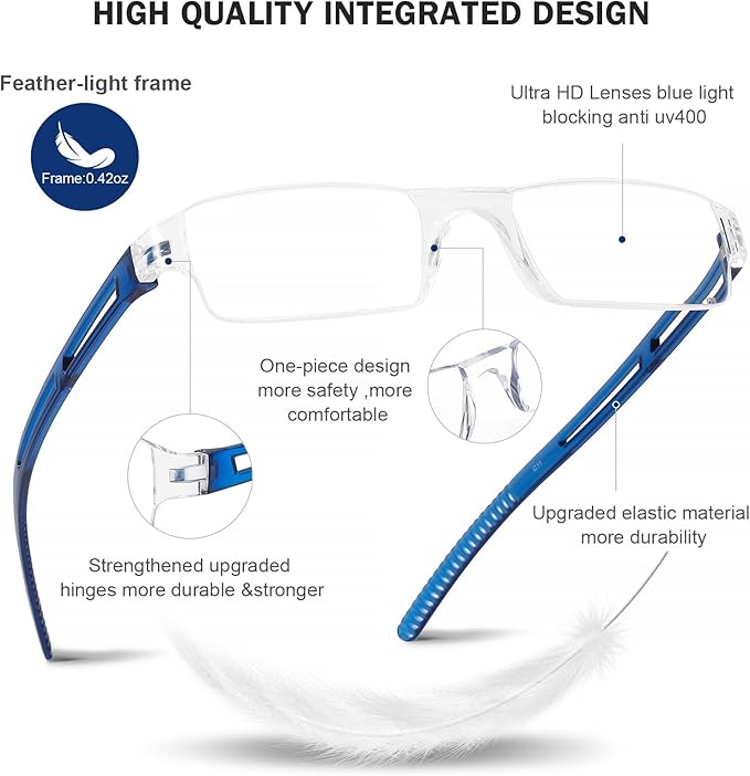 AQWANO 5 Pack Rimless Computer Reading Glasses Blue Light Blocking, Fashion Clear Frames Lightweight & Comfort Readers for Women Men Anti Glare/Eyestrain, 1.75