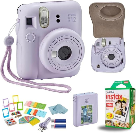 Fujifilm Instant Mini 12 Instant Camera + BluebirdSales Accessory Bundle & Custom Case + Fuji (20 Shots) Film + 5 Color Lens Filters + Mini Frames Designer Mini Photo Album (60 Pockets) (Lilac Purple)