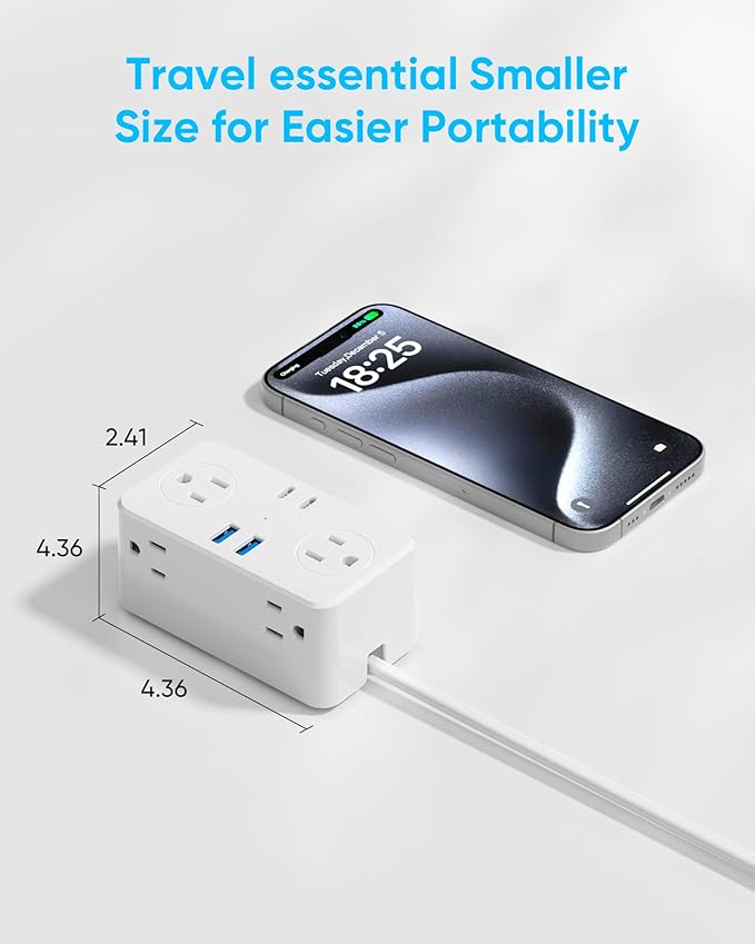 Italy Travel Plug Adapter, Italy Power Adapter, 6 AC Outlets, 4 USB Ports (2 USB C), 3ft Wrapped Around Extension Cord, for Italy Chile Libya