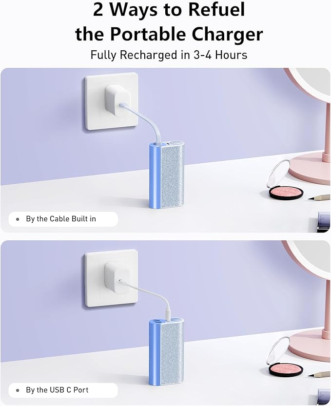 VEGER Compact Portable Charger with Built in Cable(Removable), 10000mAh Cute Power Bank 20W Fast Charging, Sparkling Battery Pack Fashion Travel Accessory Compatible with iPhone 15/14, Android-Blue