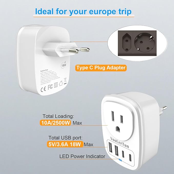 2 Pack Type C European Plug Adapter, VooLerTun Germany Travel Plug Adapter with 4 USB Charger Ports, 1 American Outlet Adapter. US Converter for EU France Denmark Norway Brazil Travel Essential