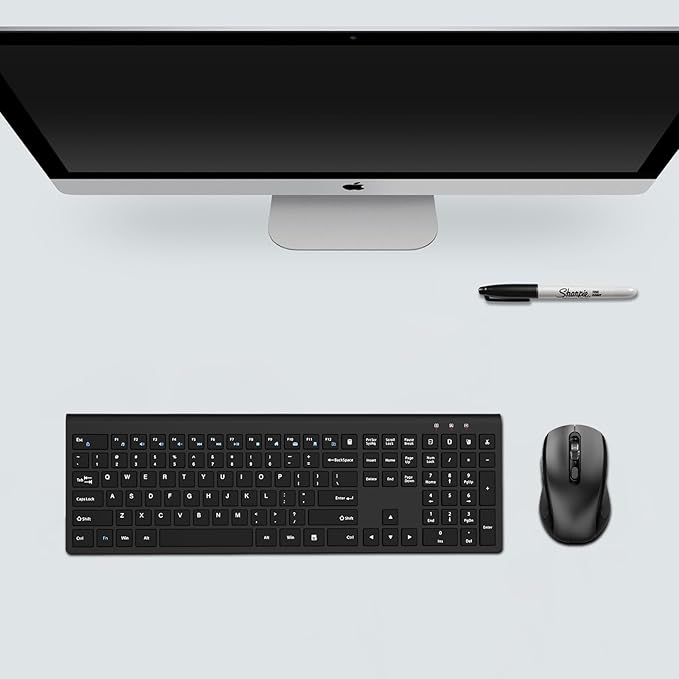 Keyboard and Mouse Wireless, Slim Full Size Keyboard with Calculator Button, Fn Lock, Silent Computer Mouse with Side Button, 2400 DPI, 2.4G USB Cordless Set for Laptop PC Windows Mac -Black