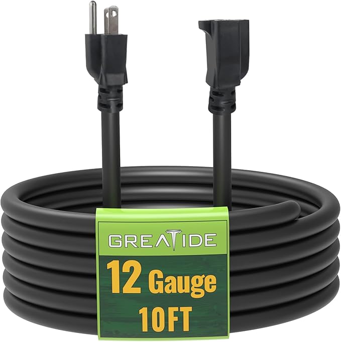 10 Ft Outdoor Extension Cord - 12/3 SJTW Heavy Duty Black Extension Cable with 3 Prong Grounded Plug - Power Cord for Lawn, Garden, Appliances