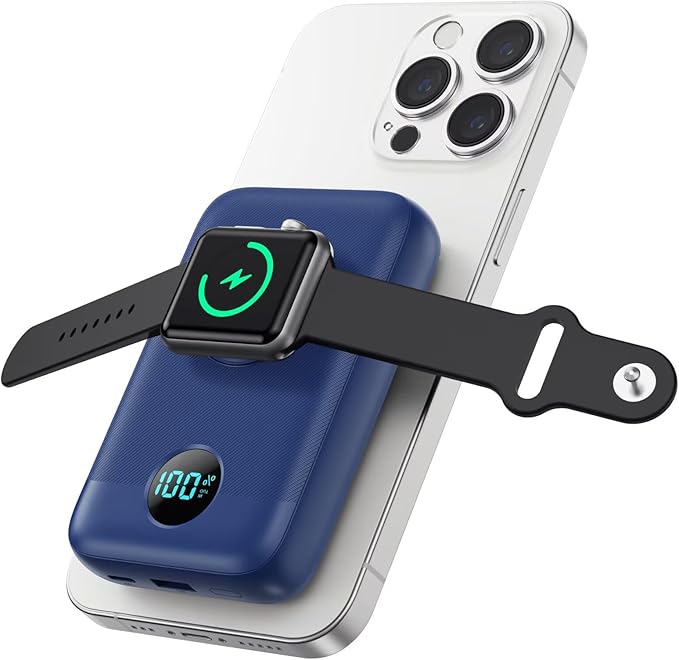 Magnetic Portable Charger for iPhone, 10800mAh 4-in-1 Wireless Power Bank with iWatch Charger, 25W PD Fast Charging Battery Pack for Magsafe, iPhone 16/15/14/13/12 Series, Apple Watch (Blue)