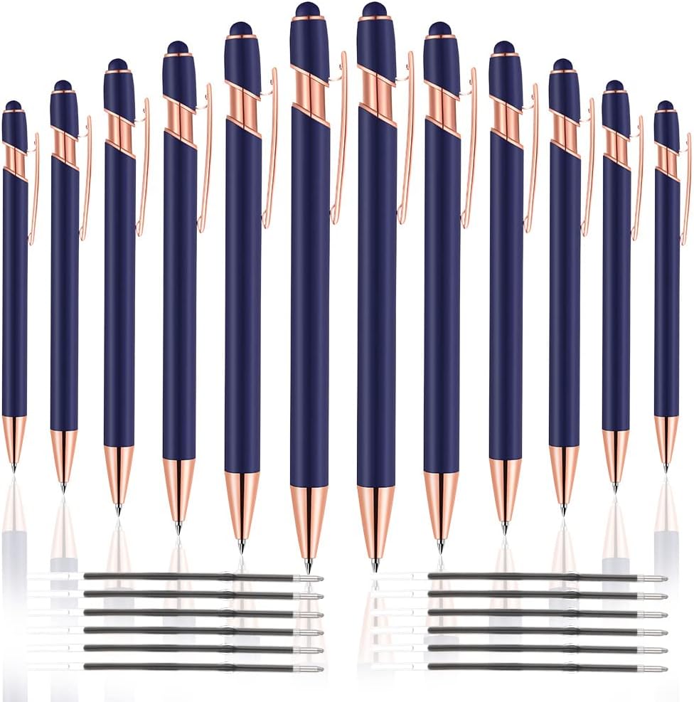12 PCS 2 in 1 Stylus Ballpoint Pen with Stylus Tip, 1.0 mm Black Ink Metal Pen Stylus Pen for Touch Screens (Rose Gold & Blue)
