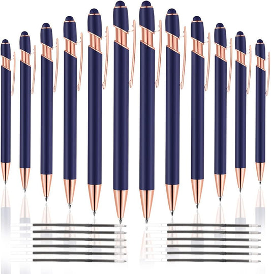 12 PCS 2 in 1 Stylus Ballpoint Pen with Stylus Tip, 1.0 mm Black Ink Metal Pen Stylus Pen for Touch Screens (Rose Gold & Blue)