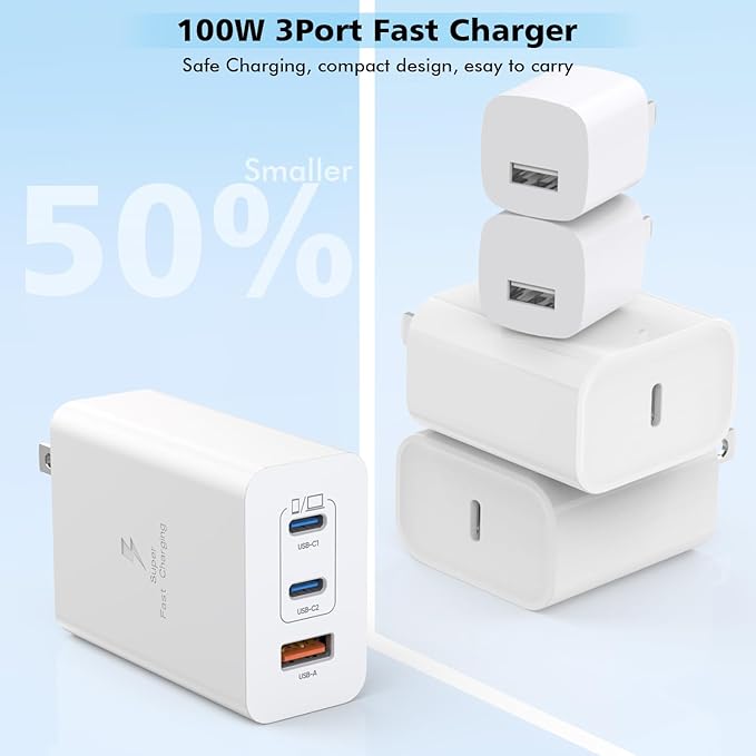 100W USB C Charger, 2Pack 140W USB C to C Woven Cable 6FT Braided Cord 100W Type C MacBook Pro Charger Block 6Foot Super Fast Phone Charging 3 Port PD & AC Charge for MacBook Pro/iPhone 16/15/iPad Pro