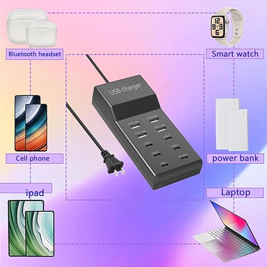 i Phone 16 15 Charger Fast Charging，USB Multi Device Charging Station USB Charger 10 Ports 4A-6C Power Hub with Smart Plug Charging Stand Compatible with iPhone 15, iPod, Galaxy S Smartphones