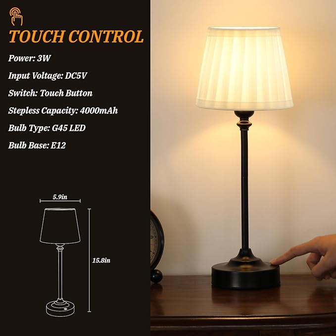 Kakanuo Cordless Table Lamp Rechargeable Black - 1 Pack 4000mAH Battery Operated Lamp for Decor, 3000K Stepless Dimming Touch Control Wireless Lamp for Bedroom, Dining Table, Kitchen, Living Room