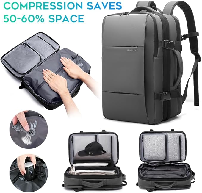 BANGE Backpack with Anti-Theft Vacuum Compression Travel Backpack,Expandable Backpacks with Pump for Airplanes