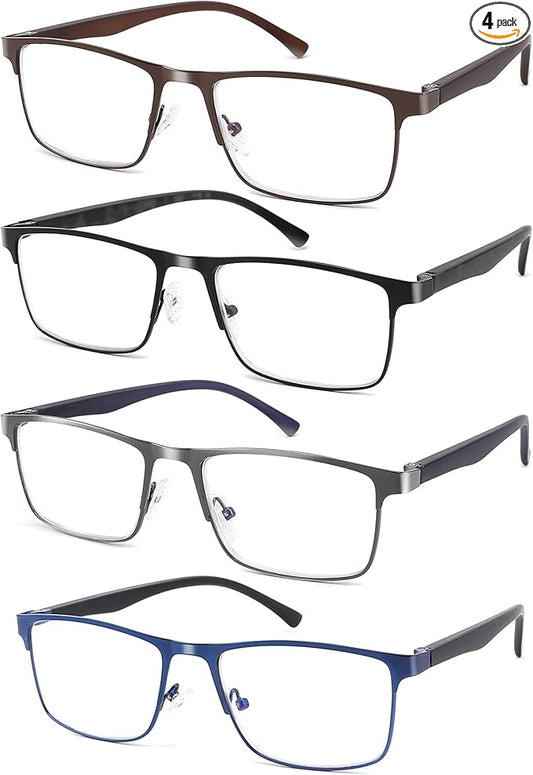 4-Pack Blue Light Blocking Reading Glasses for Men Stylish Metal Frame Readers with Comfort Spring Hinges Anti Glare UV Filter Eyeglasses, +1.5 STRENGTH
