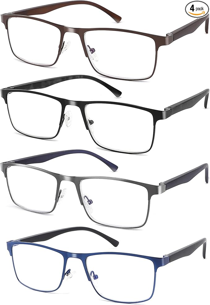 4-Pack Blue Light Blocking Reading Glasses for Men Stylish Metal Frame Readers with Comfort Spring Hinges Anti Glare UV Filter Eyeglasses, +2.5 STRENGTH