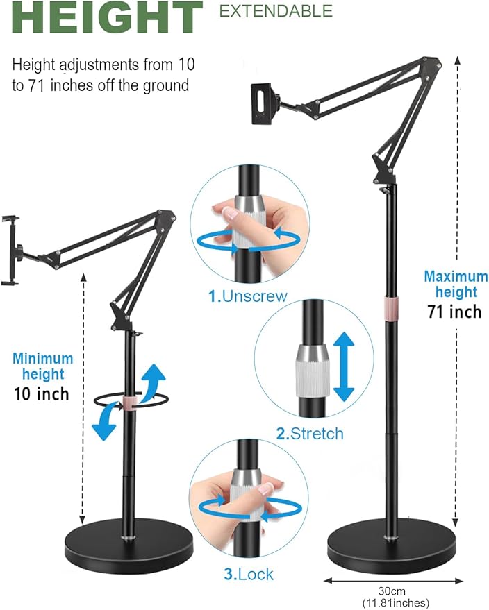 Tablet Floor Stand, Overhead Bed Phone Stand with 8.8 lb Super Stable Base & Angle/Height Adjustable, Compatible with 4.5''-13'' iPhone, iPad Pro 12.9, Galaxy Tab, Kindle, Phones
