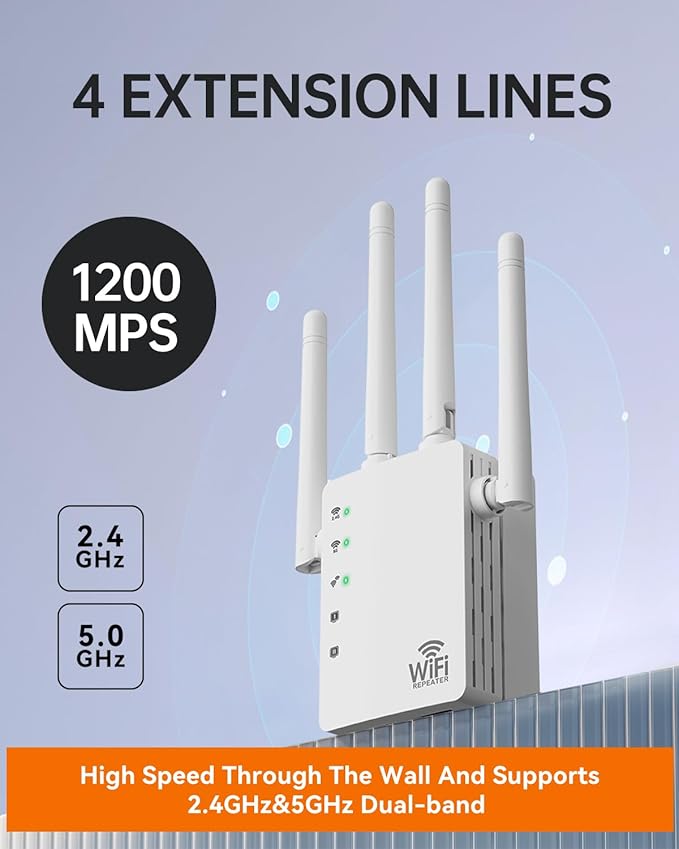 WiFi Extender with Ethernet Port, Covers Up to 13888 Sq.ft and 150+ Devices, WiFi Extender Signal Booster with Dual Band 5GHz/2.4GHz, Antennas, Ethernet Port & EasyMesh, 1-Tap Setup