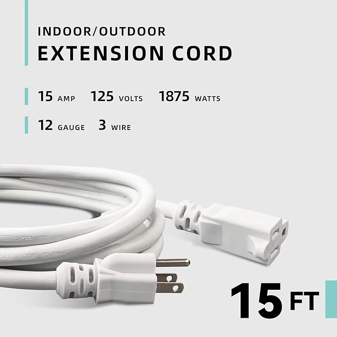 15ft Indoor Outdoor Extension Cord - 12/3 SJTW Heavy Duty Extension Cable with 3 Prong Grounded Plug for Safety -15Amp 1875W White Electric Cord Great for Garden, Appliances