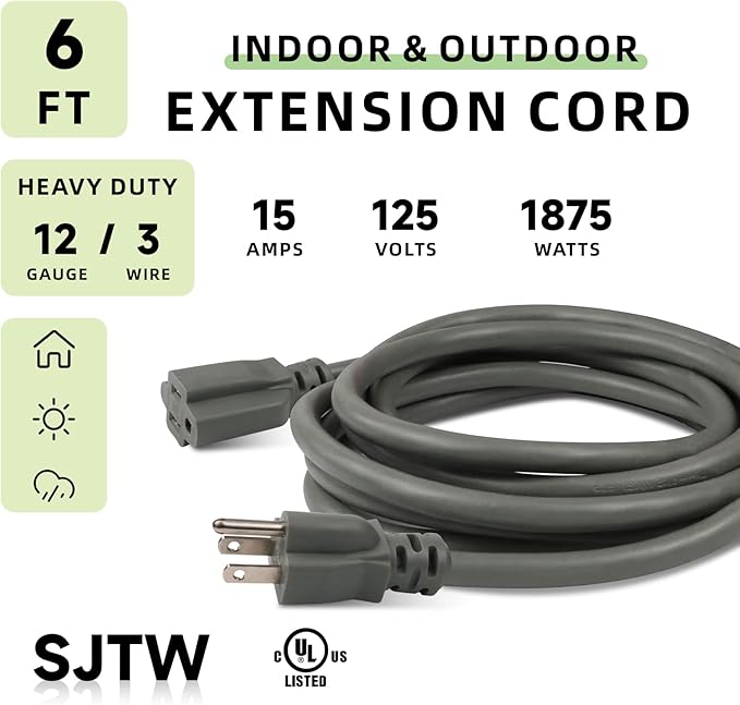 EP 6 Ft Outdoor Extension Cord, 12/3 SJTW Heavy Duty Extension Cable with 3 Prong Grounded Plug, 15 AMP Power Cord for Lawn, Garden, Appliances, Gray