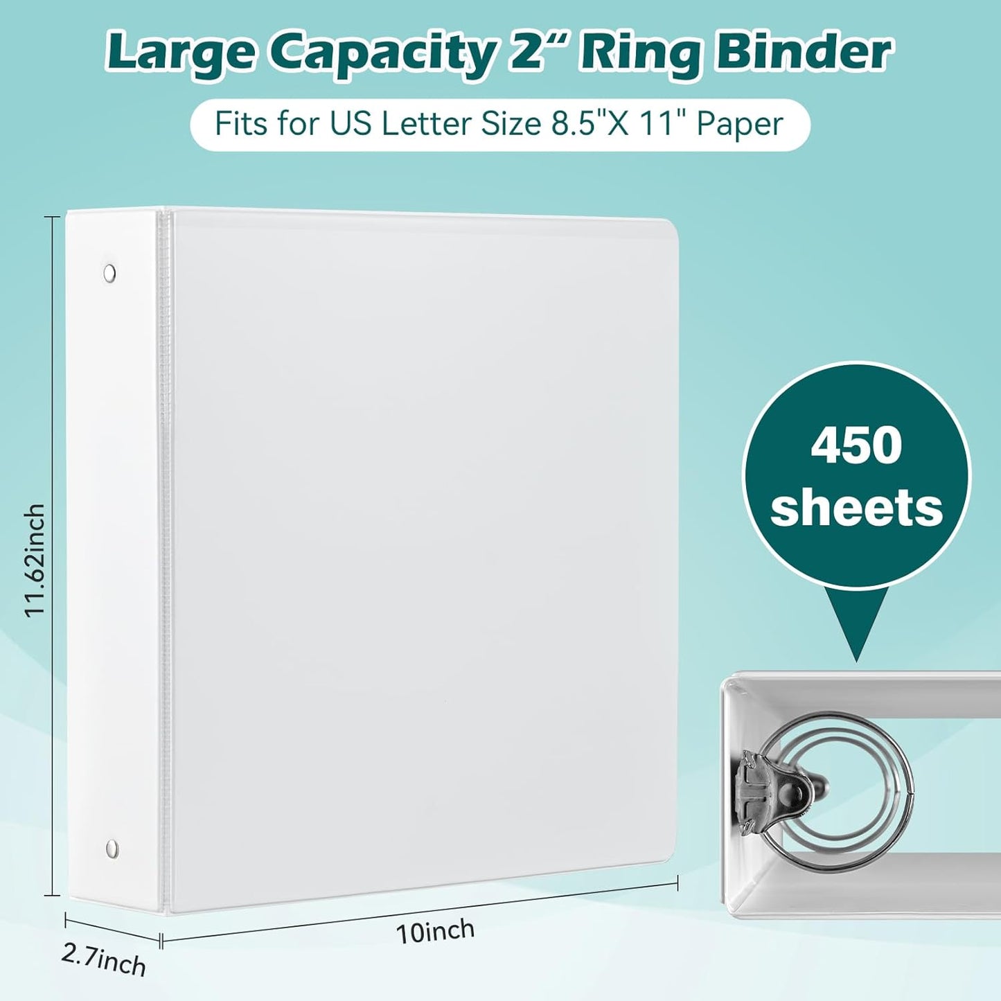 3 Ring Binder 2 Inch 6 Pack,2" Clear View with Round Rings, PVC-Free,Holds for 450 Sheets 8.5X 11 US Letter Size Paper, Durable White Binders Perfect for Office,School and Home