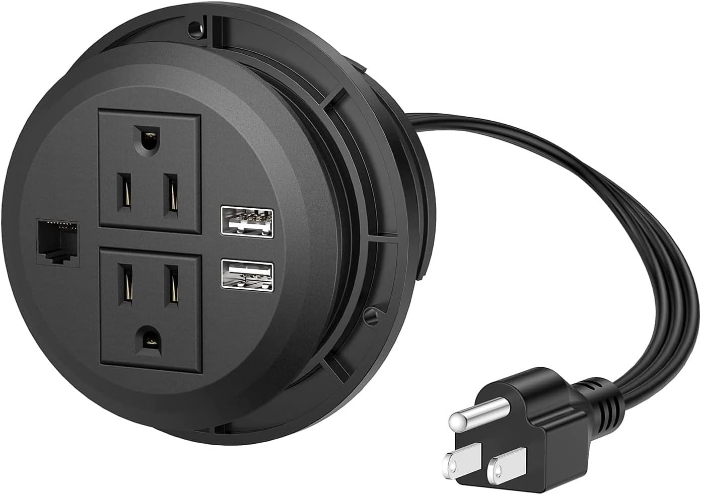 Power Grommet 3 Inch for Desktop, Recessed Desk Outlet with 2USB, 2 AC, 1 Network RJ45 Port & 10Ft Cord, Flush Mount Power Strip Table Power Hub for Countertop, Office, Furniture(Black)