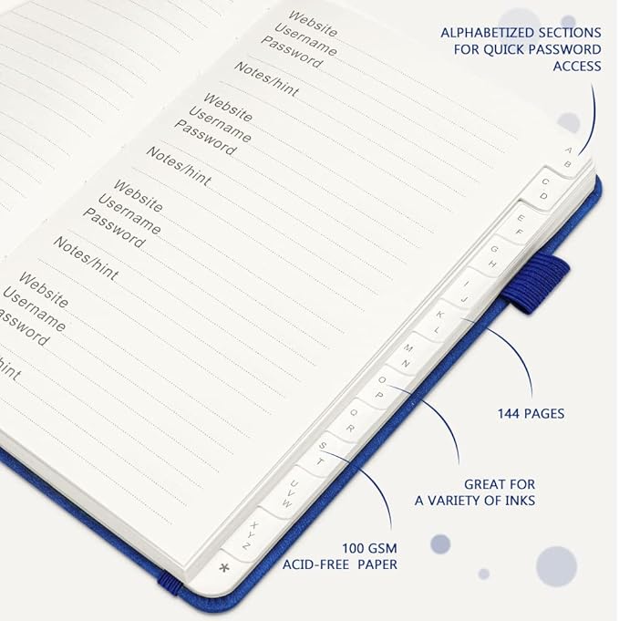 JUBTIC Password Book with Alphabetical Tabs. Medium Size Password Keeper Logbook for Internet Log in, Website Address. Hardcover Password Journal Notebook & Organizer for Home Office, Arabian Blue