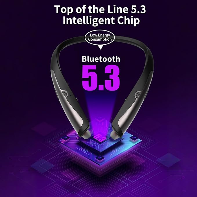 Bluetooth 5.0 Neckband Bluetooth Headphone, Sweat Resistant Noise Cancelling Stereo Headphones, and Retractable Ear Tips for Music, Conference, Videos（Bright Black¼