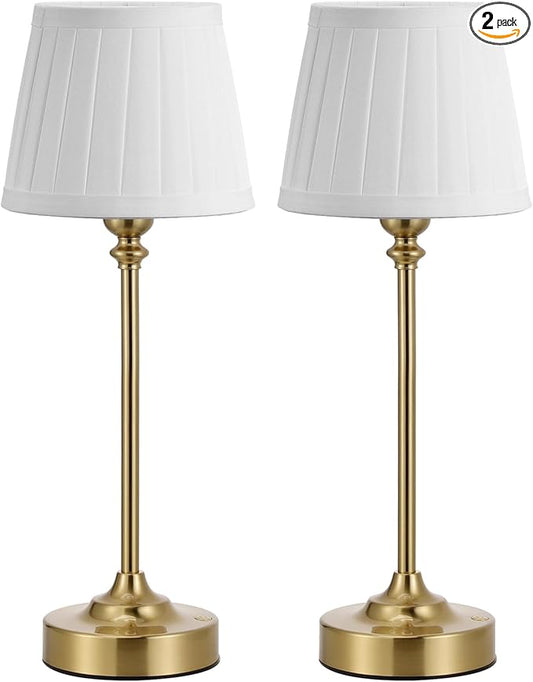 Cordless Table Lamps Rechargeable Set - 2 Pack Gold 4000mAH Battery Operated Lamps for Decor, 3000K Stepless Dimming Touch Wireless Lamp for Bedroom, Dining Table, Living Room, White Pleated Shade