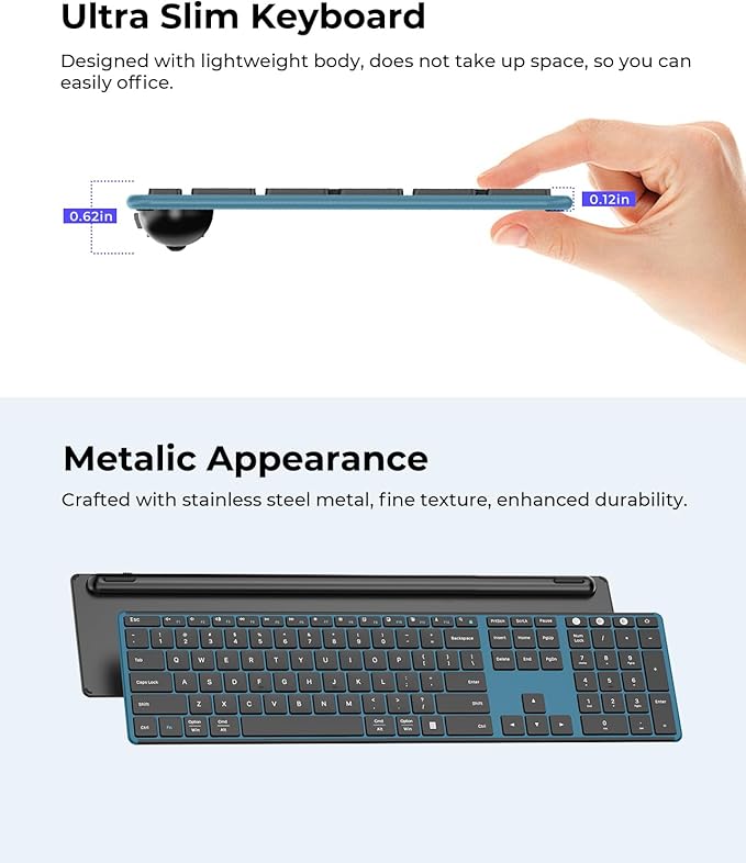 seenda Wireless Bluetooth Keyboard and Mouse Combo (USB + Dual BT), SKM64-3 Multi-Device Rechargeable Slim Keyboard and Mouse, Compatible for Win 7/8/10, MacBook Pro/Air, iPad, Tablet - Black Blue