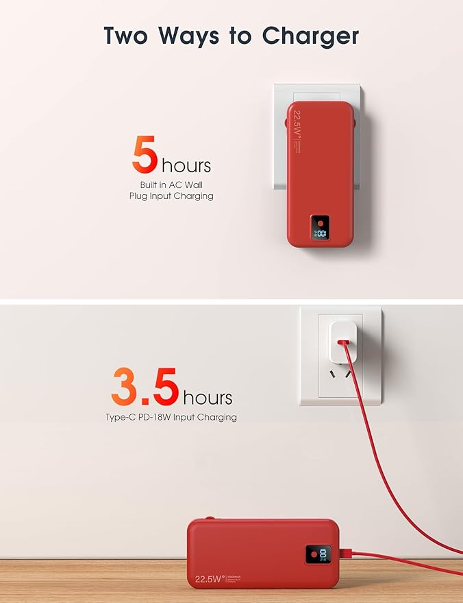 Portable Charger, 12000mAh 22.5W Fast Charging Power Bank with Built-in Cables & Wall Plug, Travel Essential Battery Pack with LED Display, USB C Battery Phone Charger for iPhone, iPad, Samsung Red