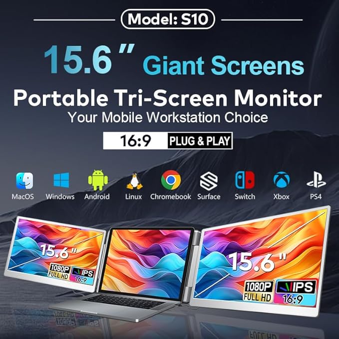 Laptop Screen Extender for Triple Display - 15.6" FHD 1080P Portable Monitor, Detachable, Plug & Play Dual Monitor Extender for 12"-18.5" Laptops, Compatible with Windows/Mac/Android/Chrome/PS3/PS4